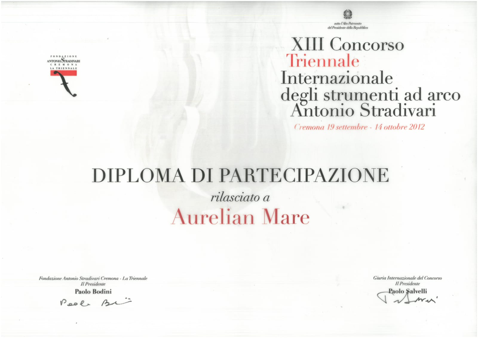 Diplomă Cremona 2012, Mare Aurelian