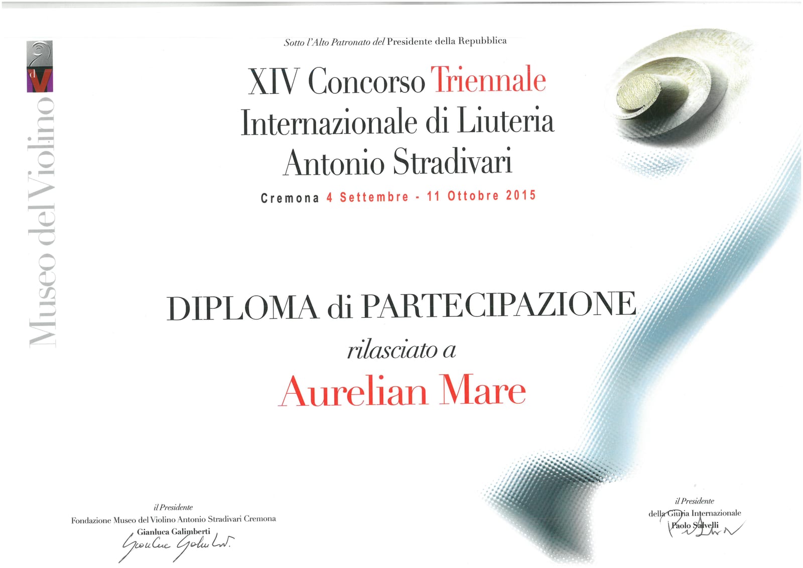 Diplomă Cremona 2015, Mare Aurelian