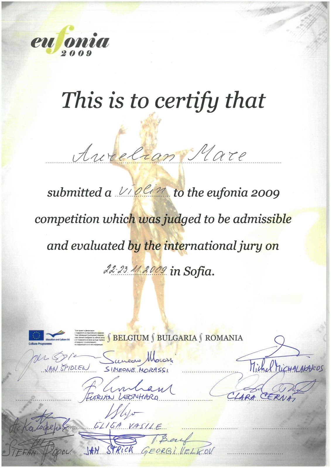 Diplomă Eufonia Sofia 2009, Mare Aurelian