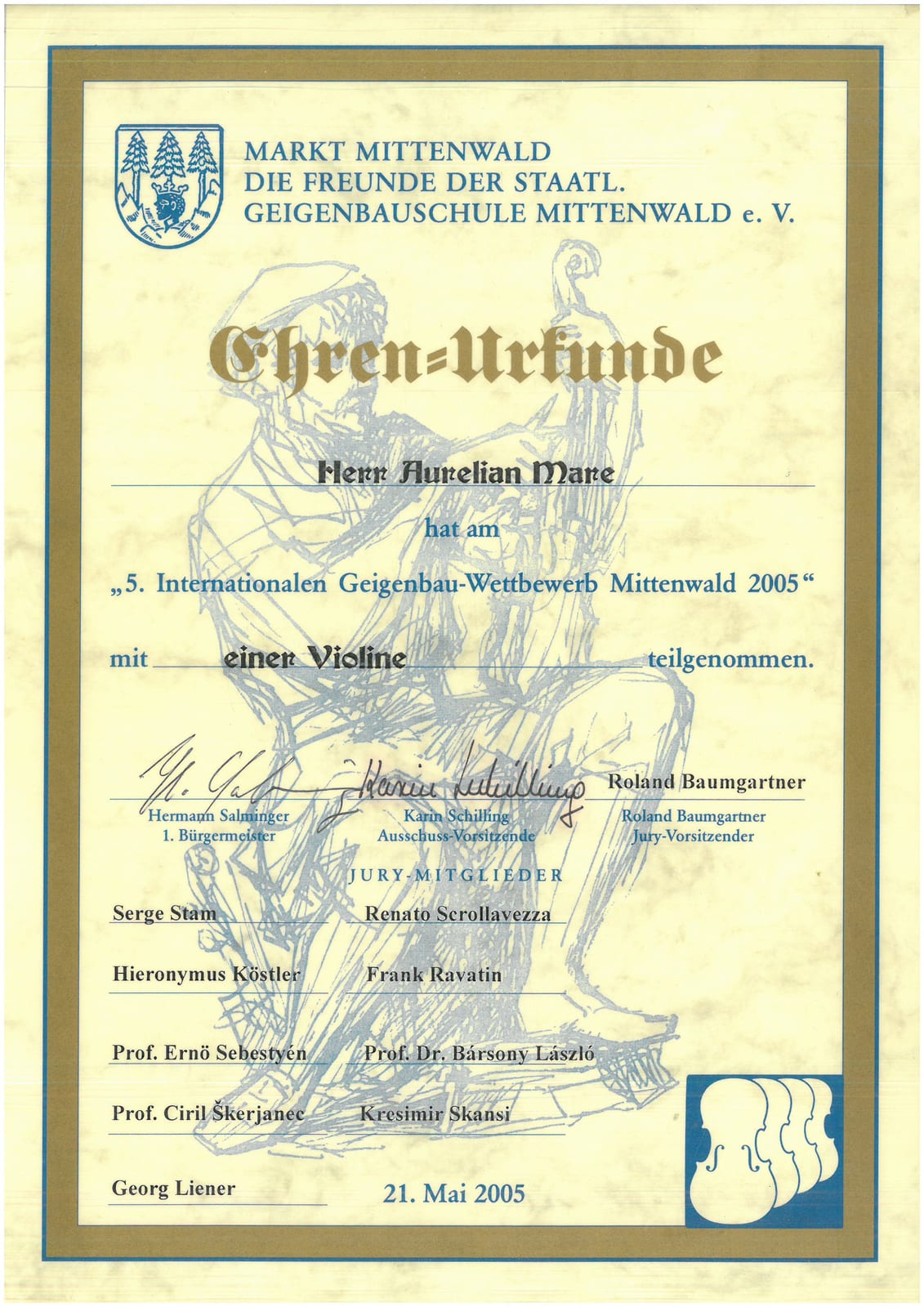 Diplomă Mittenwald 2005, Mare Aurelian, vioară