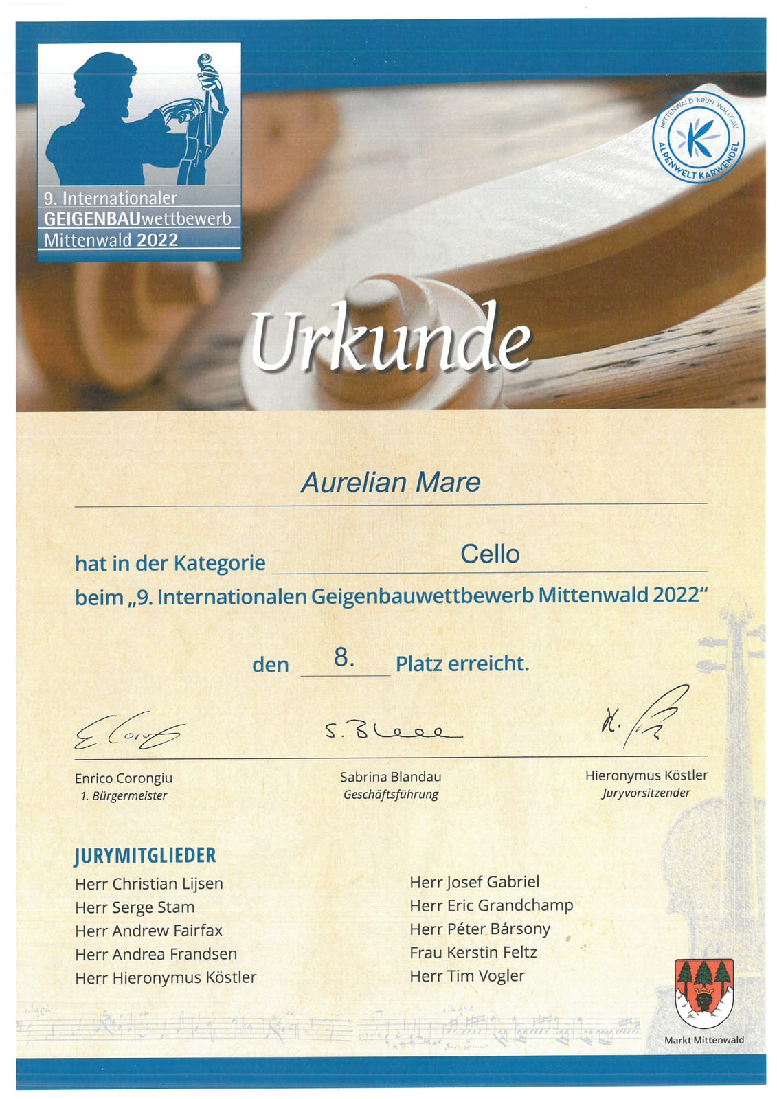 Diplomă Mittenwald 2022, Mare Aurelian, violoncel