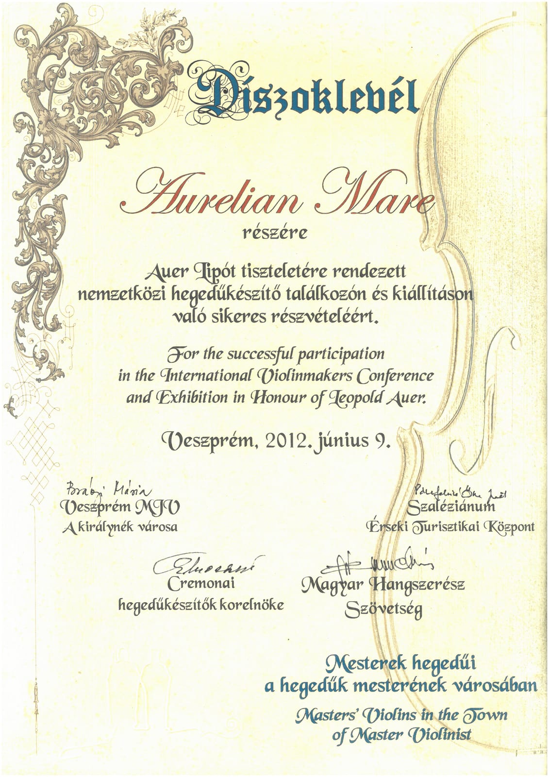 Diplomă Veszprém 2012, Mare Aurelian